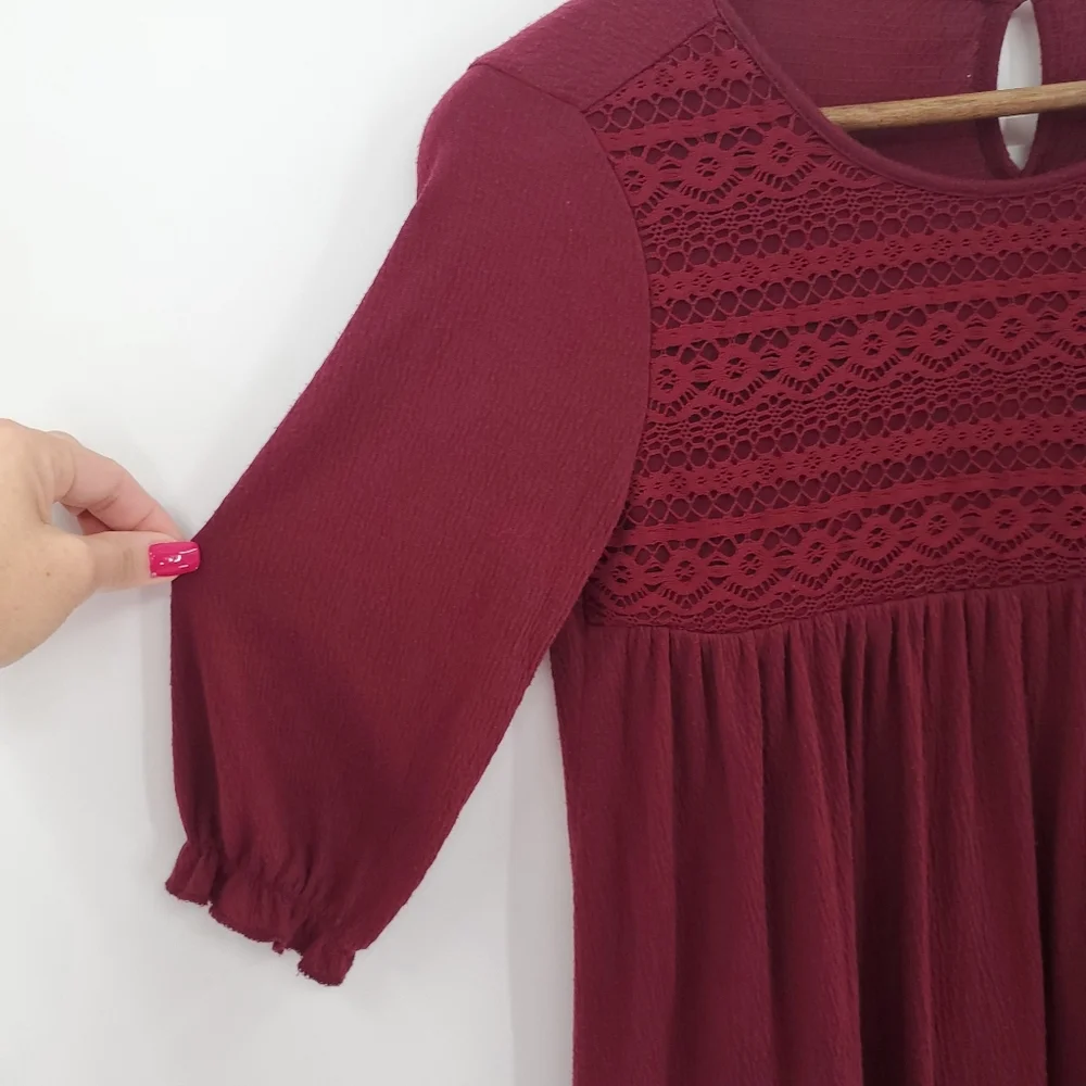 Old Navy Girls Tunic Dress Size Large‎ Maroon 3/4 Sleeve Embroidered Pleated